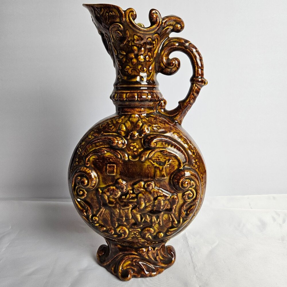 Glazed Ceramic Pitcher Large Ornate Brown with Embossed Tavern Scene